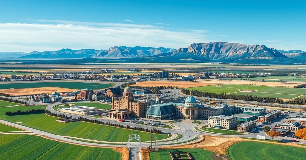 A scenic view of Wyoming's Cheyenne city with vast blue skies and mountains, symbolizing innovation and progress in finance.