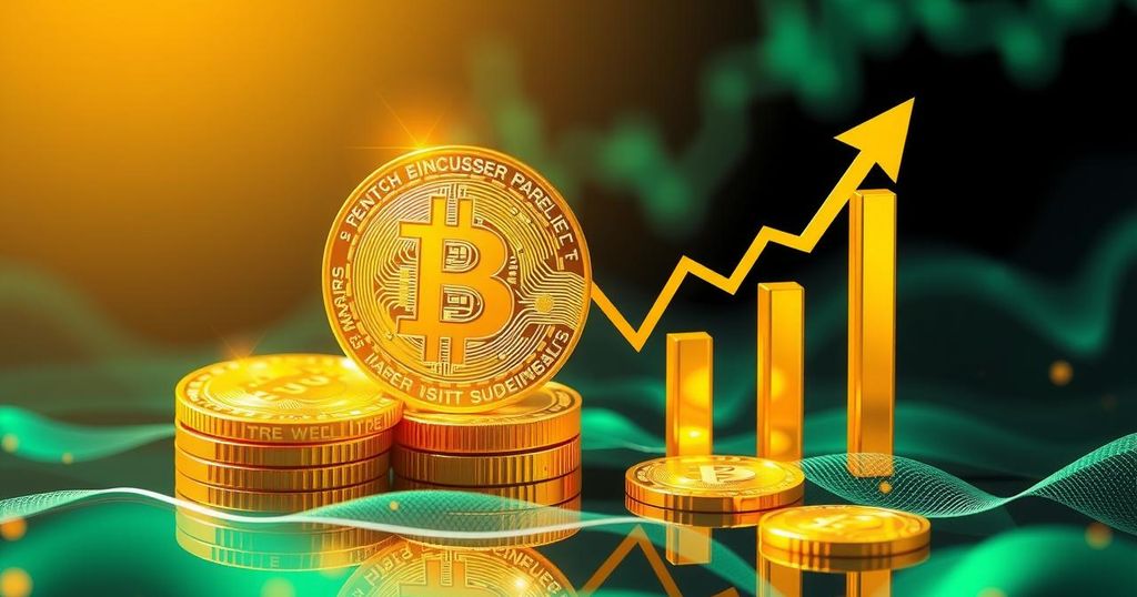 A digital representation of cryptocurrency growth with coins, graphs, and stock market elements in vibrant colours.
