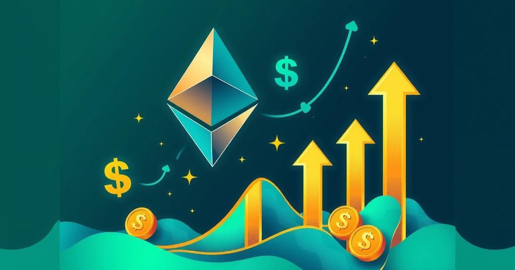 A conceptual illustration of Ethereum with upward price trends and financial growth symbols, in modern art style, vibrant colours.