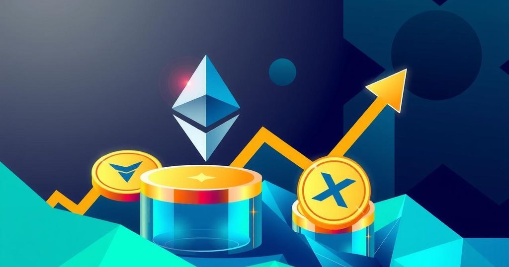 A modern digital artwork depicting cryptocurrencies like Ethereum and XRP with rising trend lines and vibrant colours.