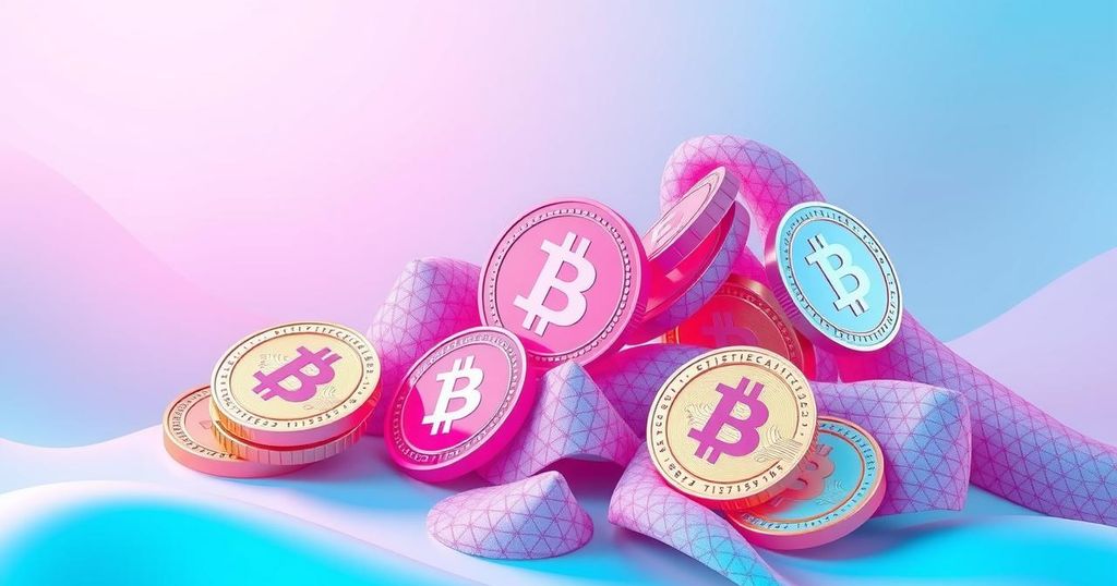 A digital art representation of cryptocurrency tokens in vibrant pastel colours, symbolising success and kindness in technology.