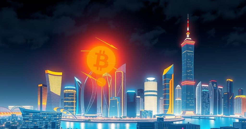 Futuristic city skyline with a shimmering Bitcoin symbol, gold and blue colour scheme representing wealth and optimism.