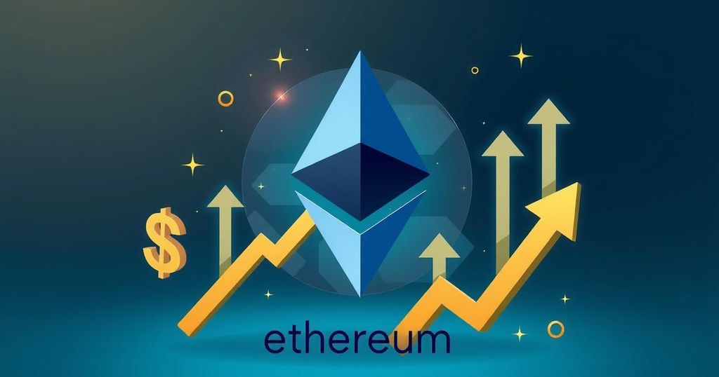 Stylised digital representation of Ethereum logo surrounded by abstract financial symbols and upward arrows in blue and gold tones.