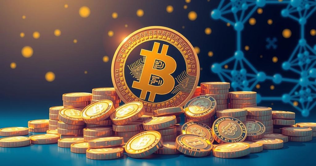 A digital illustration of a Bitcoin symbol surrounded by gold coins with a deflationary theme and blue tones.