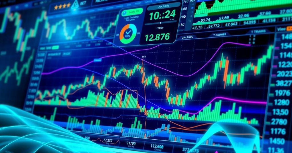 Futuristic trading platform with digital assets, neon blue and green colour scheme, reflecting an empowered trading environment.
