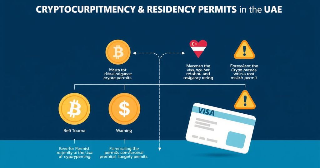 An infographic representing crypto investment regulations in UAE, featuring icons of currency and a golden visa.