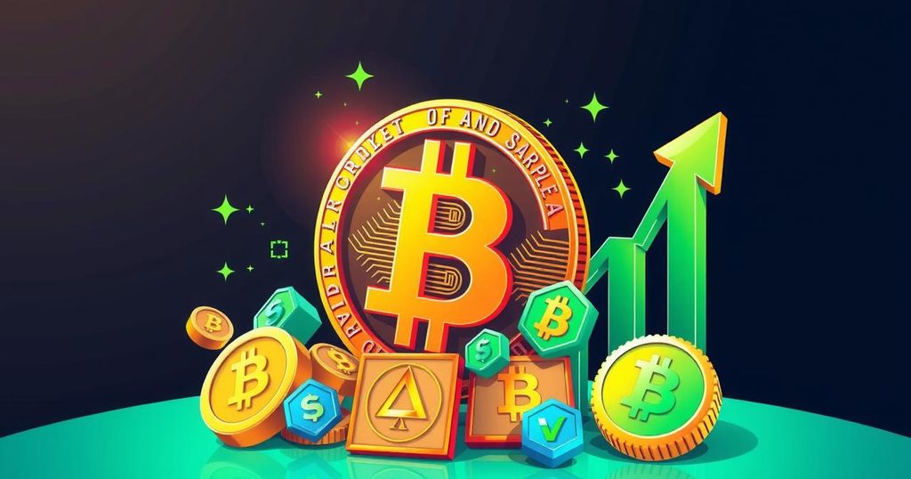 Golden Bitcoin block surrounded by green and blue cryptocurrency symbols representing market growth and trends.