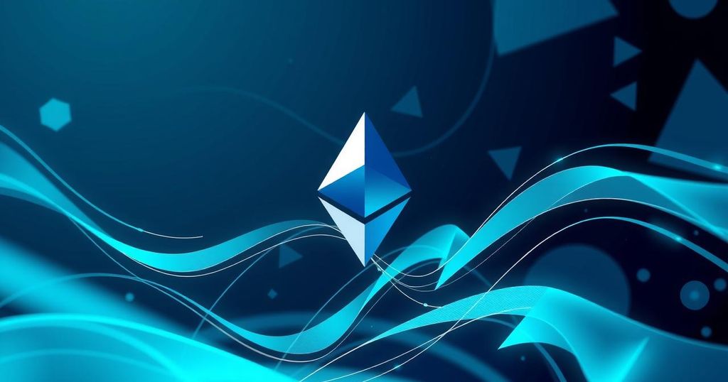 Dynamic representation of Ethereum with abstract shapes and a cool blue and green colour scheme, symbolising opportunity in crypto.