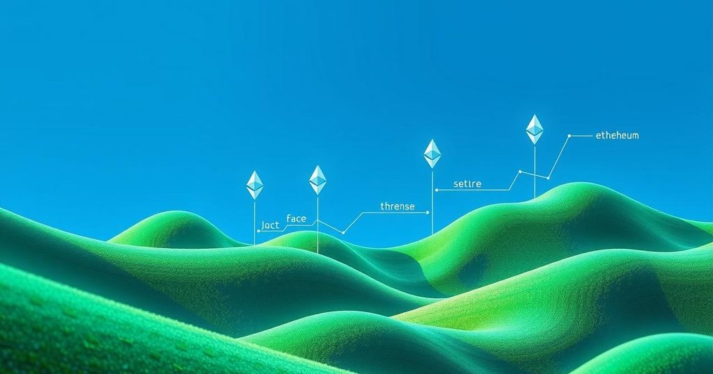 A serene digital landscape with Ethereum symbols, showcasing a balanced ecosystem in cool green and blue tones.