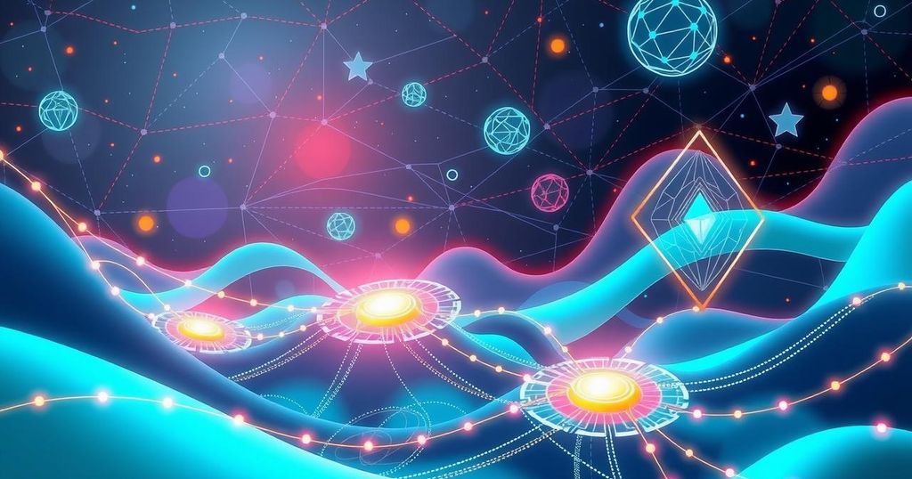 Digital landscape showcasing evolving cryptocurrency trends with blockchain, AI, and vibrant colours.