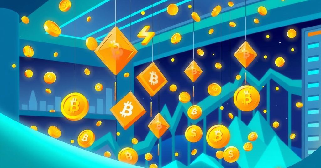 A digital illustration of a cryptocurrency exchange with vibrant airdrops, symbolising market dominance and engagement.