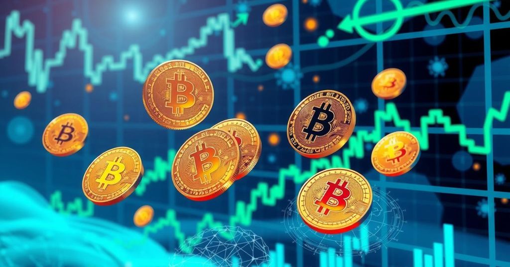 Visualisation of cryptocurrency market trends with Bitcoin fluctuating amidst graphs and abstract blockchain representations.