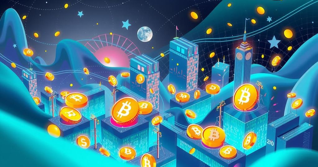 A vibrant digital landscape showcasing various cryptocurrencies with innovative designs and glowing tokens relaying excitement.