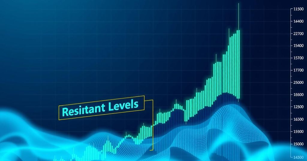 A digital representation of a rising cryptocurrency chart with green bullish trends and a highlighted resistance level.
