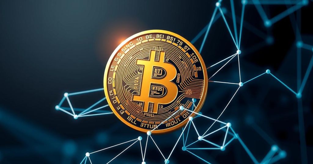 A digital representation of Bitcoin, featuring a prominent golden coin, styled with a network pattern, set against a dark blue backdrop.