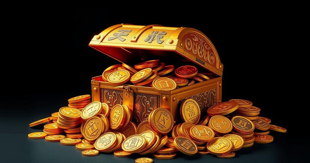 A golden treasure chest overflowing with gold coins, set against a dark background for dramatic contrast.