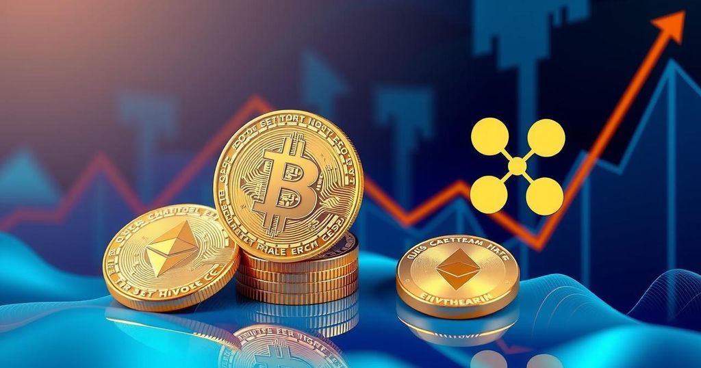 Crypto market showing Bitcoin, Ethereum and Ripple symbols with upward trend graphs in vibrant colours.