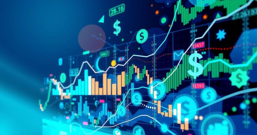 Investment themed abstract with fluctuating graphs, currencies, and tech elements in vibrant blue and green hues.
