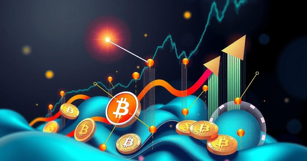Vibrant abstract representation of crypto market dynamics with upward arrows, tokens, and digital currency symbols.