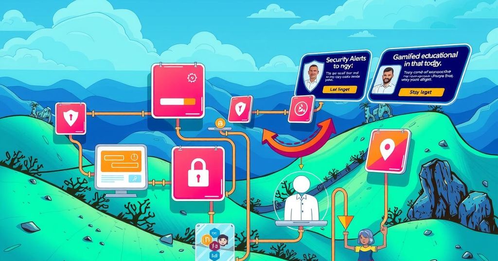 Interactive comic-style design representing crypto awareness tools and gamified education for scam detection.