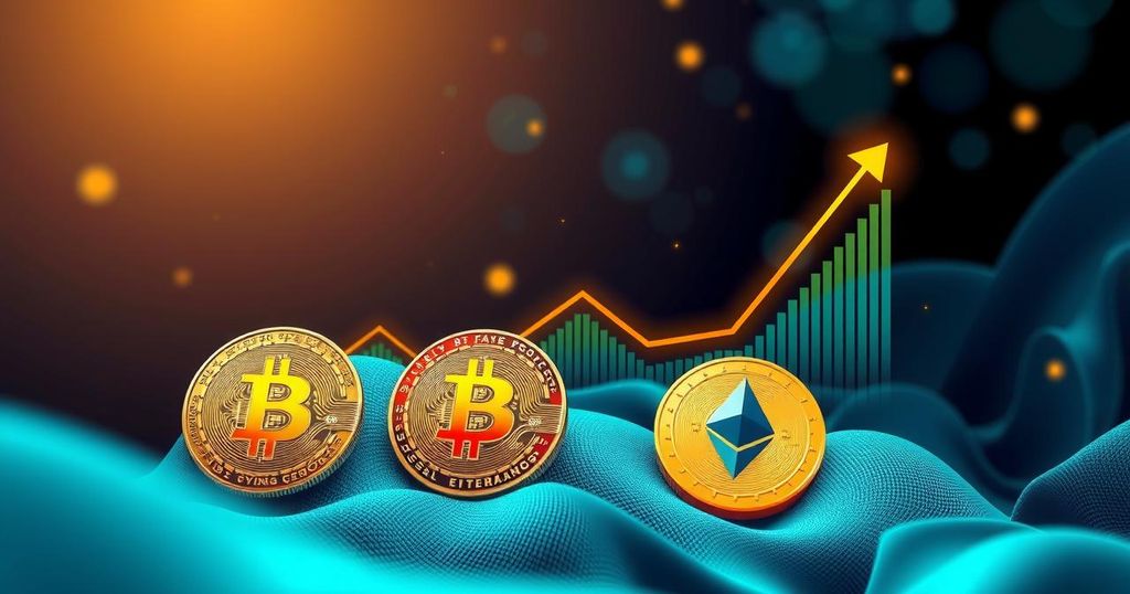 Dynamic cryptocurrency market image with symbolic coins and upward trends in vibrant colours.