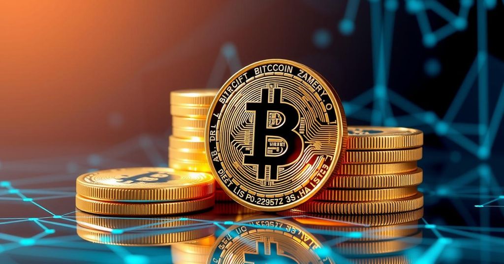 Golden Bitcoin coins stacked with a digital background, highlighting the movement and history of Bitcoin transactions.