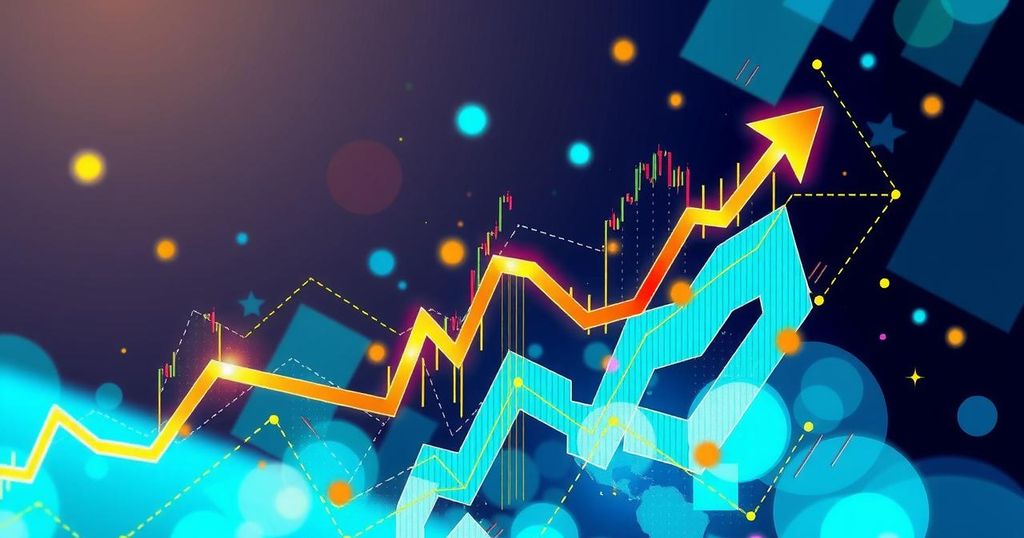 A vibrant digital representation of a bull pennant formation with ascending lines and energising colours representing Bitcoin's surge.