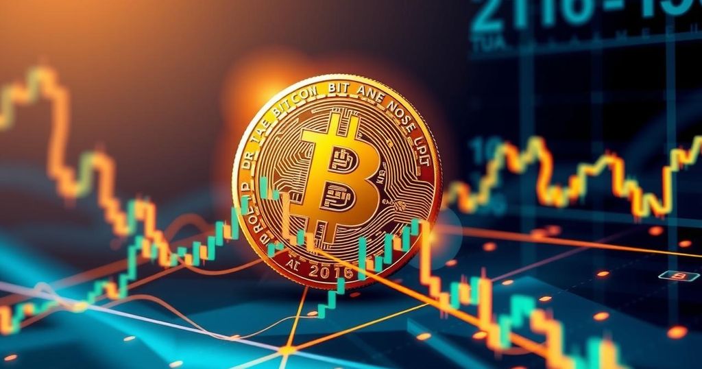 Golden Bitcoin surrounded by dynamic lines and numbers, symbolising market fluctuations and optimism.