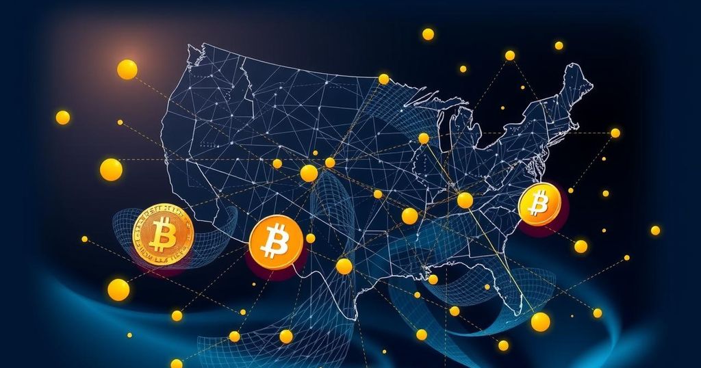 A conceptual representation of U.S. cryptocurrency regulation featuring blockchain imagery and a dark blue and gold color scheme.