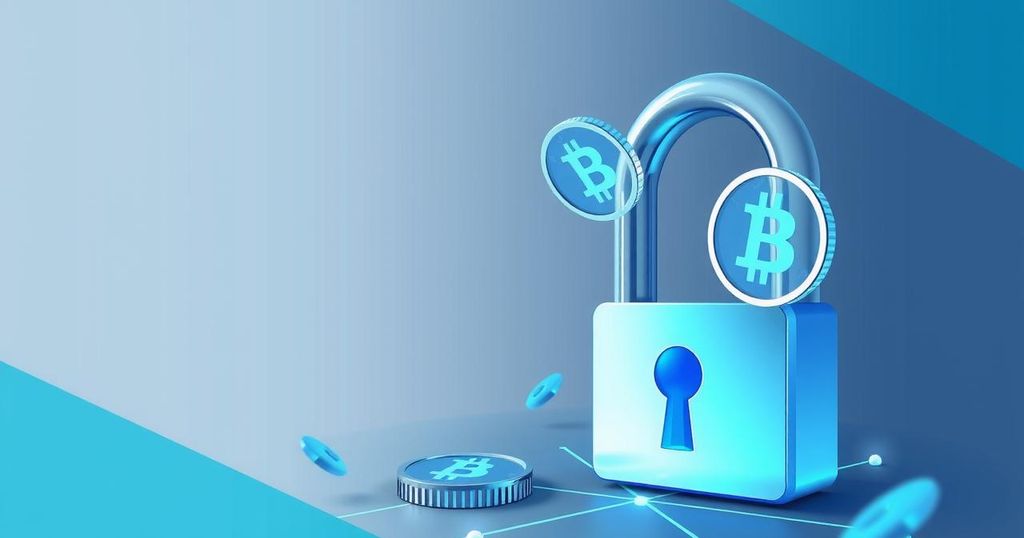 A digital representation of crypto regulations with secure locks and blockchain symbols, in a modern, minimalist style.