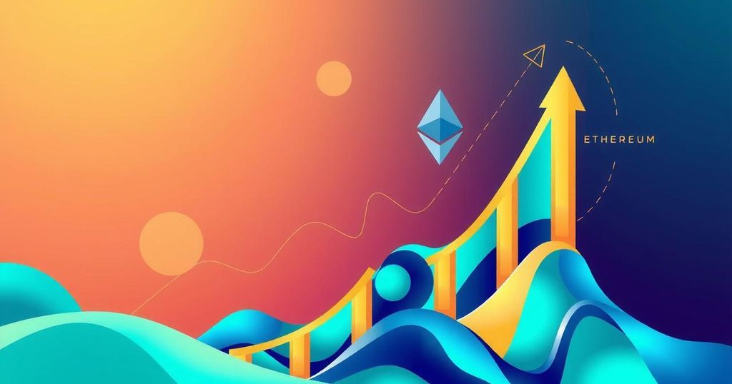 Dynamic Ethereum price forecast illustration with upward trend lines and bright colours symbolising investment growth.
