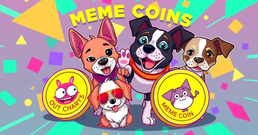 A whimsical representation of meme coins featuring playful graphics and vibrant colours, showcasing modern digital culture.
