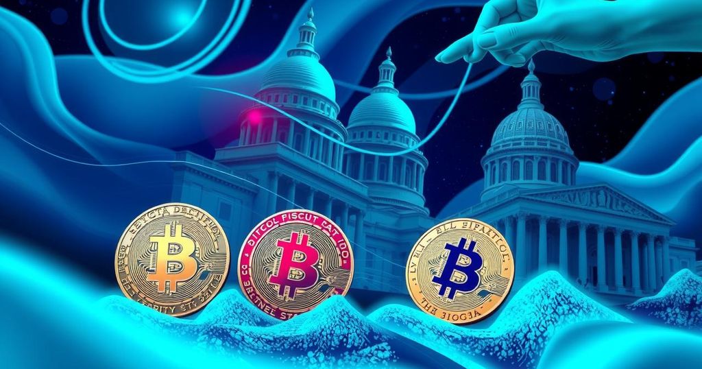 Digital assets represented by vibrant tokens and abstract blockchain connections amidst a legislative backdrop.