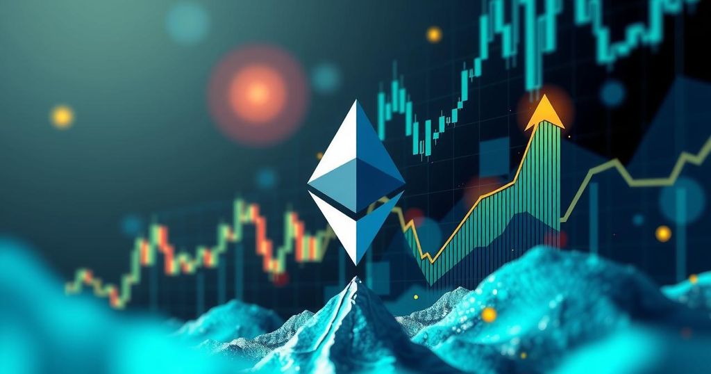 A digital artwork of Ethereum's logo and abstract financial charts symbolising market growth.