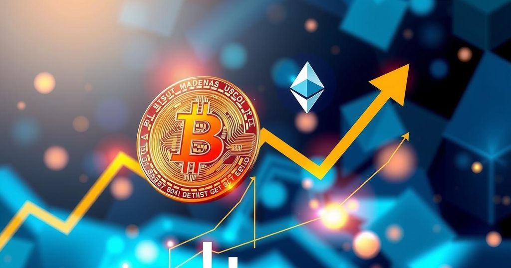 A digital art representation of cryptocurrency inflows and market dynamics, featuring Bitcoin and Ethereum symbols, with vibrant colours.