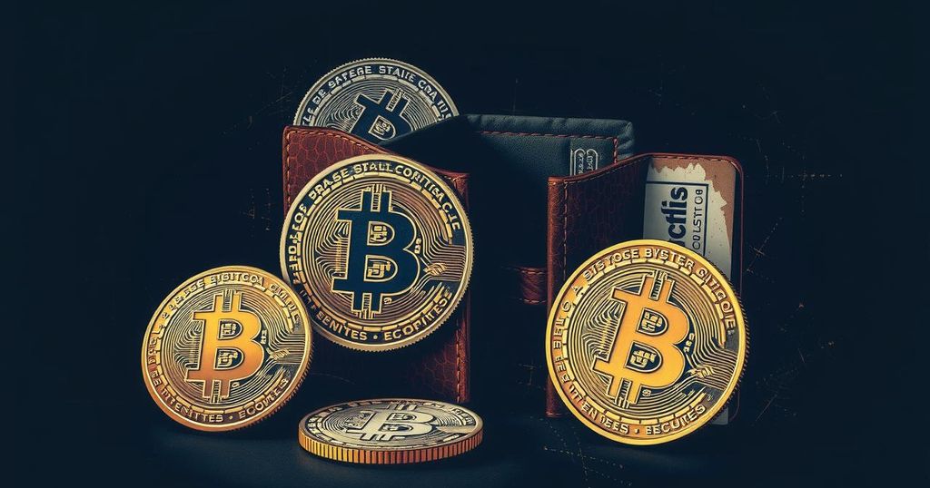 A digital representation of Bitcoin, featuring old wallets and scam alerts in an abstract style with a dark colour scheme.