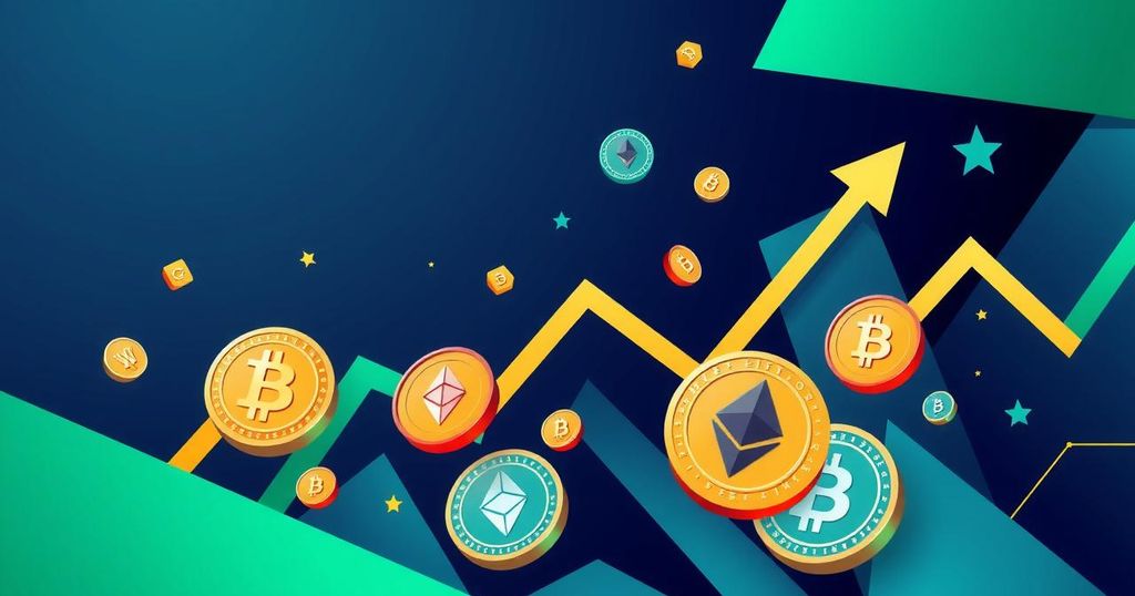 A vibrant abstract illustration of cryptocurrency trends with symbols representing Ethereum and altcoins in a dynamic market.