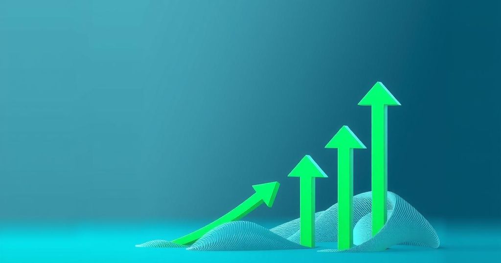 A digital artwork depicting Ethereum cryptocurrency symbols with green upward arrows amidst subdued price movement.