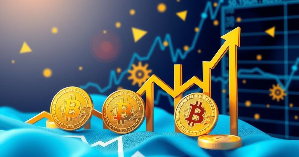A digital representation of Bitcoin symbols and market trends with bright blue and gold colours evoking optimism.