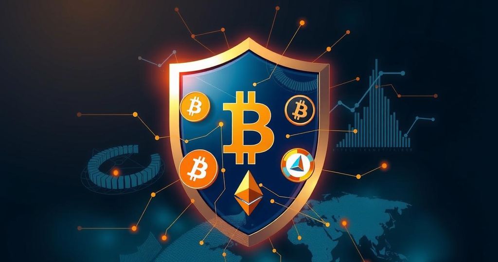 Illustration depicting digital financial crimes with cryptocurrency symbols and a shield representing protection and security.