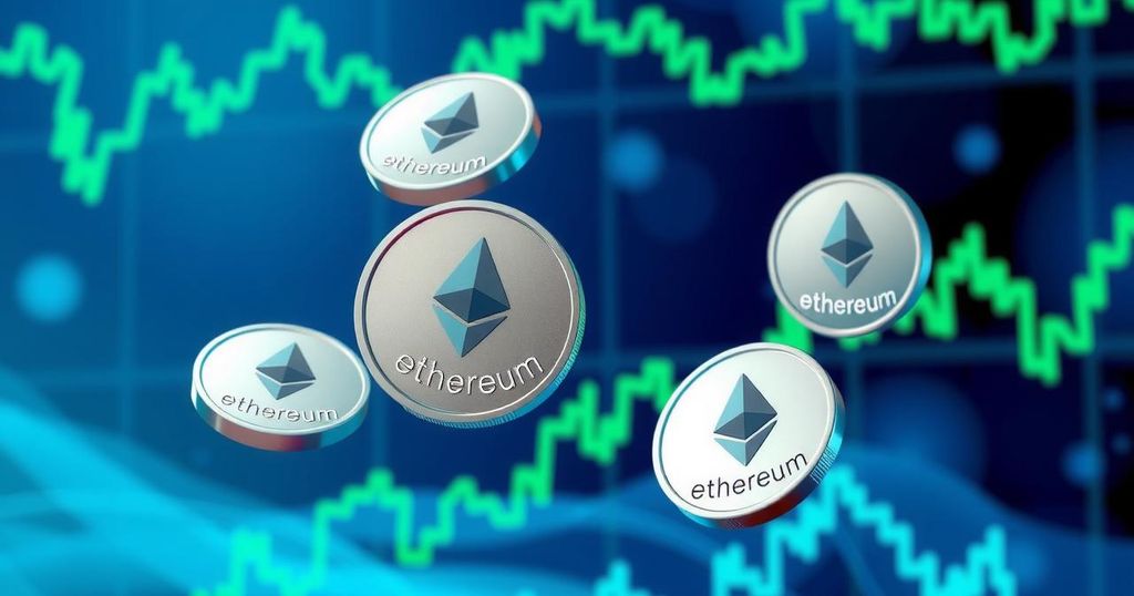 A digital illustration of Ethereum coins amidst abstract graph patterns, showcasing market activity and trends.