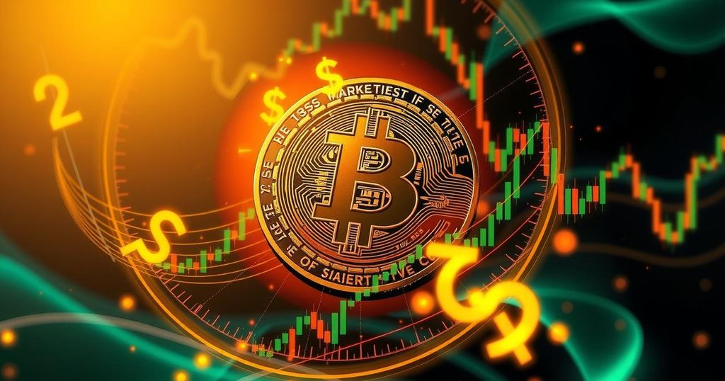 A digital representation of Bitcoin with a backdrop of abstract financial charts and dollar symbols, in a vibrant colour palette.