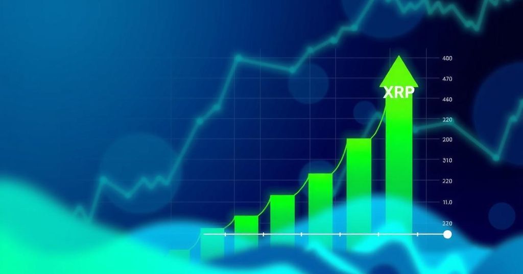 A financial graph showcasing cryptocurrency growth, with XRP highlighted in green, symbolising ETF approval progress.
