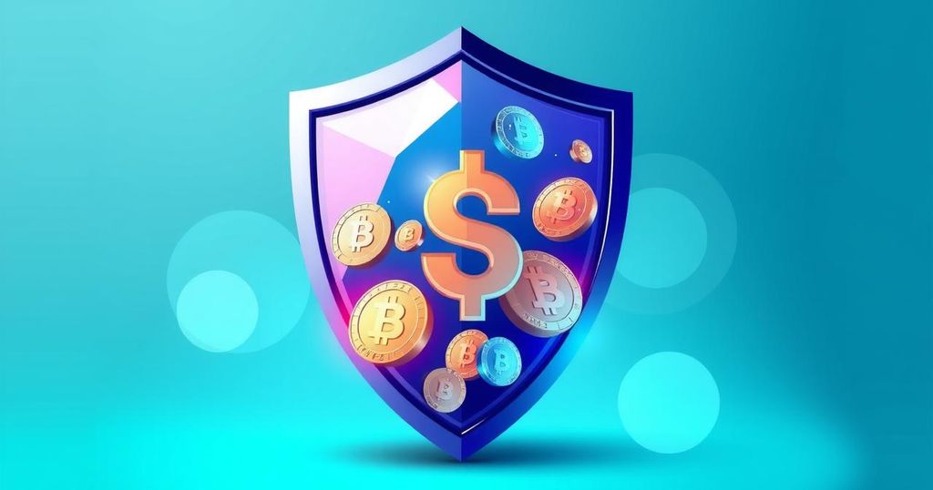 An animated shield protecting digital coins representing cryptocurrency security against scams.