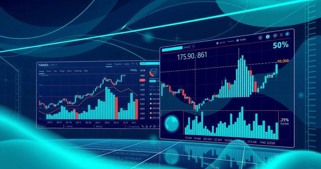 A conceptual illustration of a digital trading platform with sleek charts and graphs, showcasing crypto trading advancements.