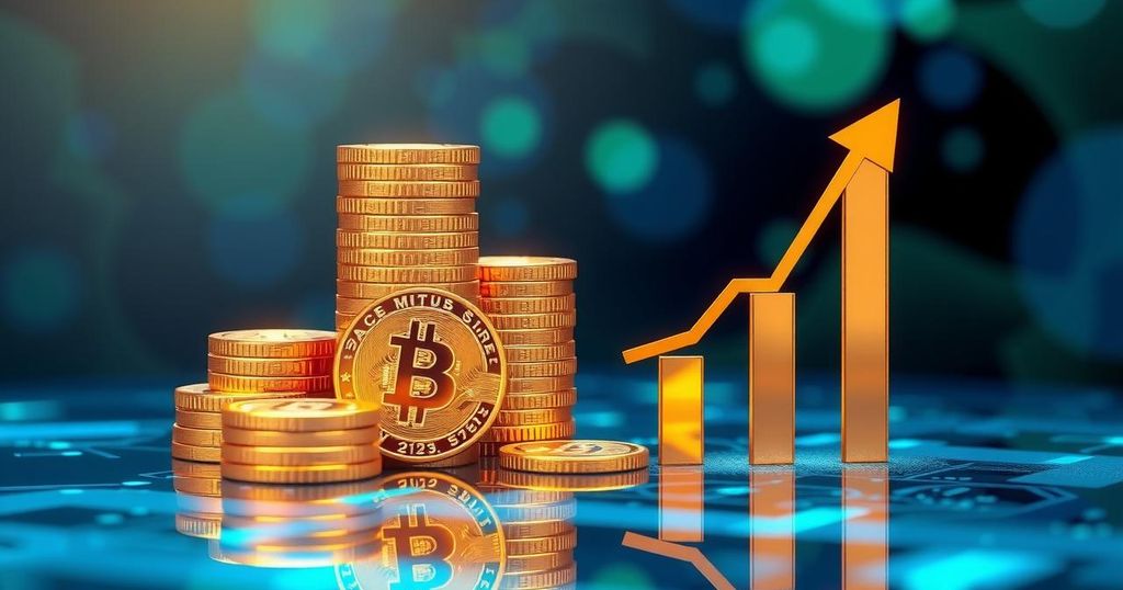 A vibrant digital artwork symbolizing crypto investment, featuring golden coins, a rising graph, and a futuristic background.
