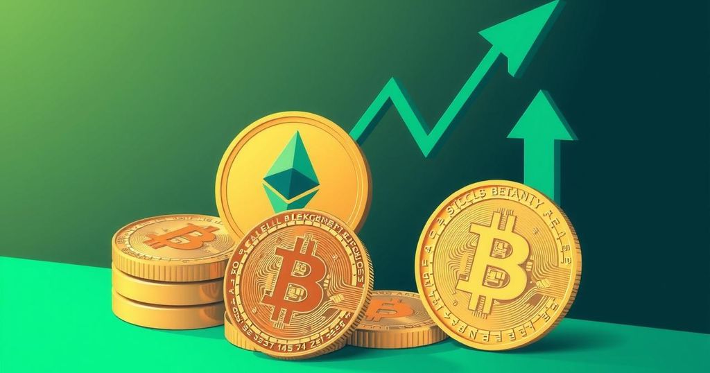 A digital illustration of cryptocurrency coins representing Ethereum and Bitcoin, with upward and downward arrows symbolizing market volatility.