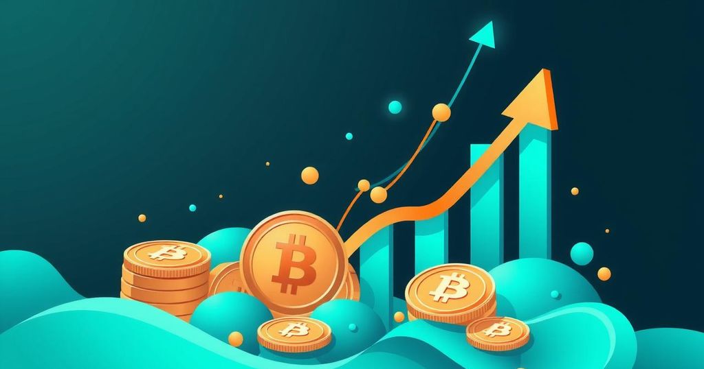 A vibrant representation of cryptocurrency growth with teal and gold colours, featuring rising arrows and stylised coins.