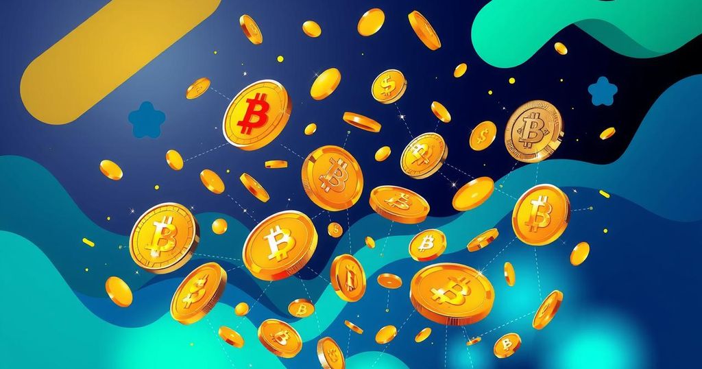 Vibrant digital artwork of falling crypto coins illustrating market volatility and liquidation events in the crypto space.