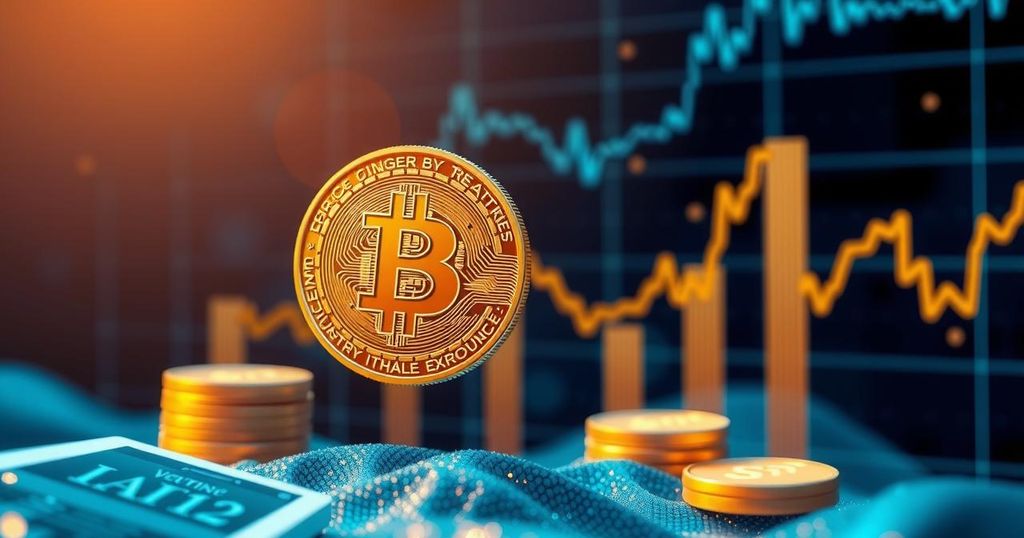 A Bitcoin symbol rising against a backdrop of fluctuating currency graphs depicting economic volatility.